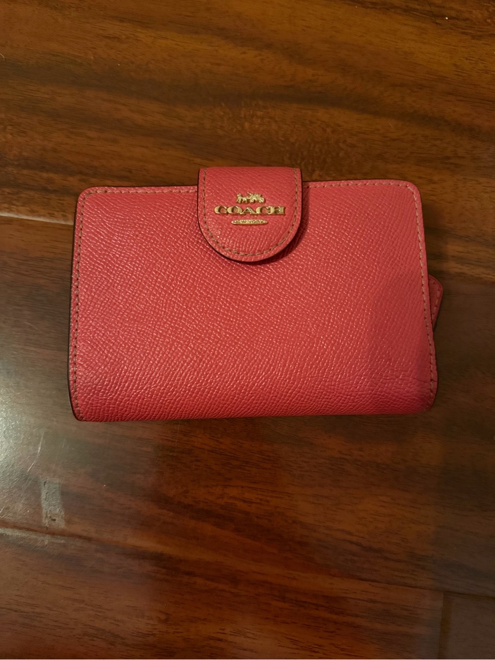 Coach Pink-Red Textured Leather Snap Wallet with Gold Logo